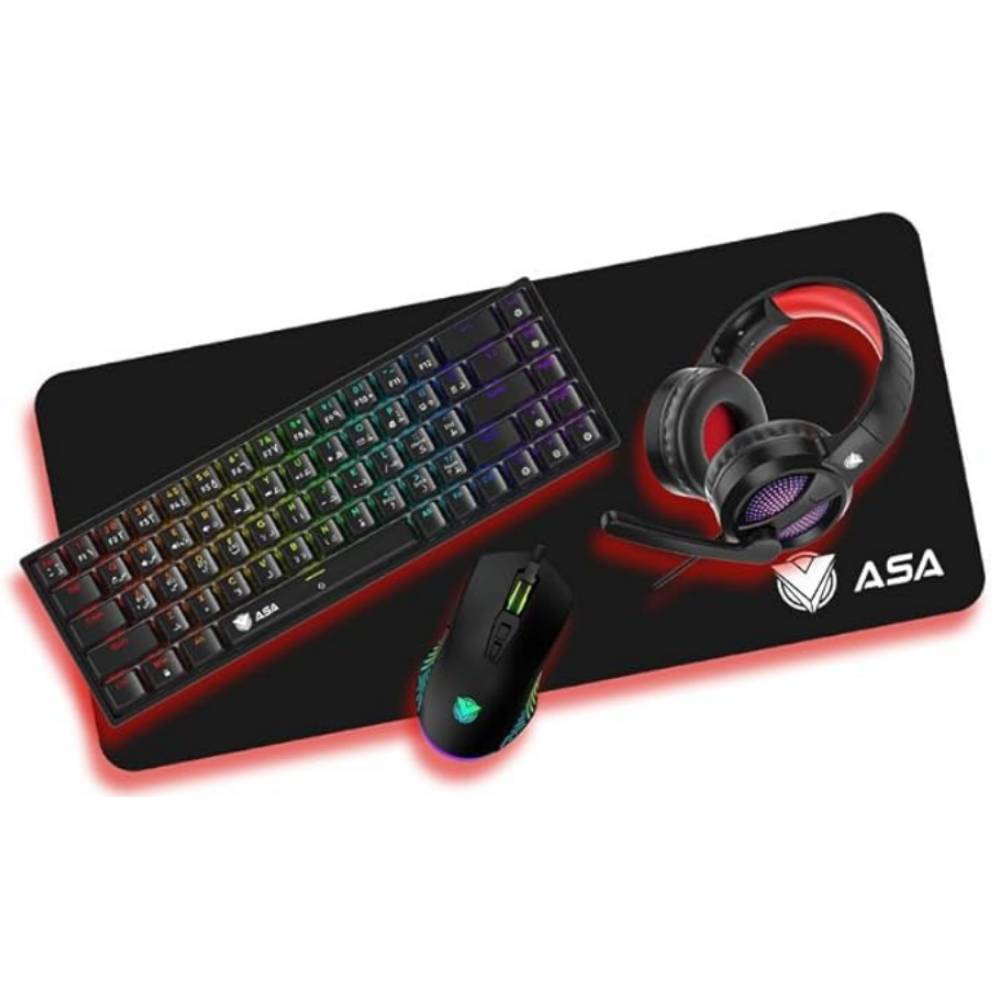 ASA Wireless Bluetooth Gaming Keyboard and Mouse Combo MM3*30 * 800 PC Combo 68 Keys  Mechanical Red Switch Compact 20 Effects Rainbow Backlit RGB Windows Black (QUARTET 4IN1)