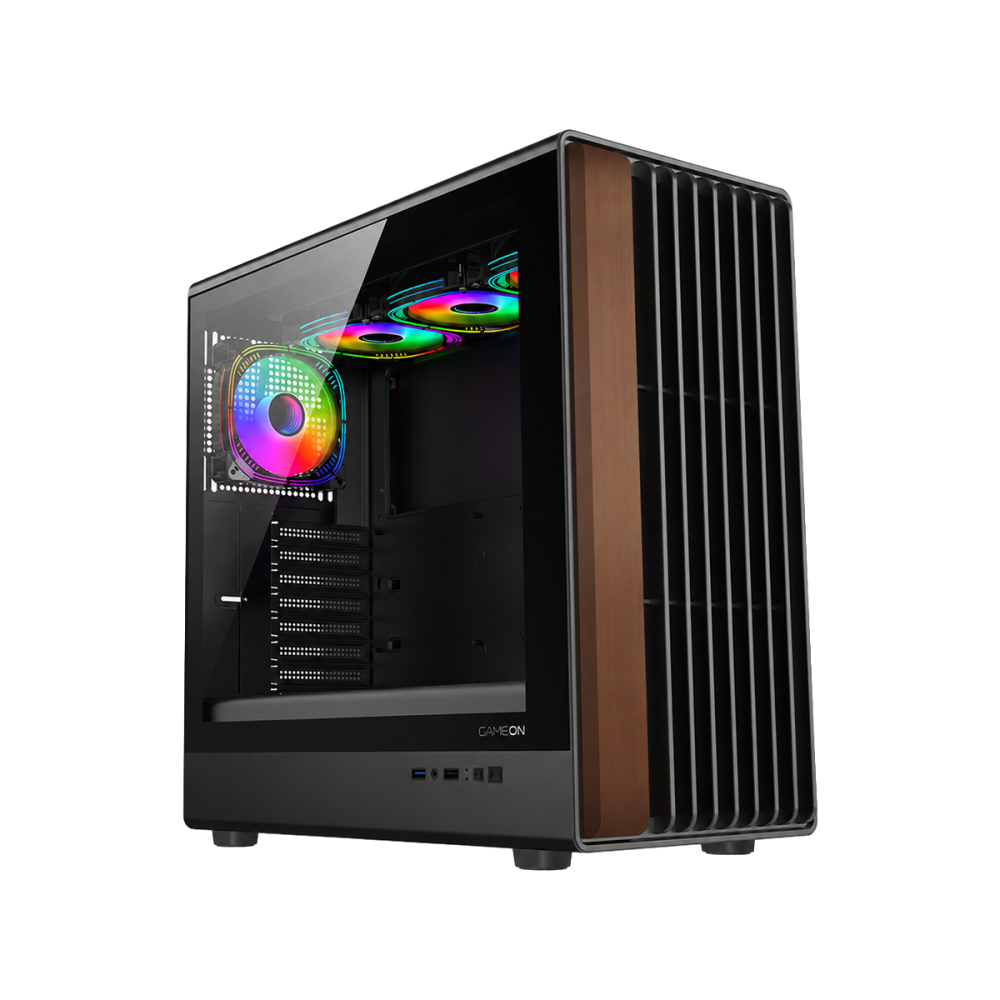 GAMEON TIMBER Midnight Series ARGB + PWM Mid Tower Gaming Case - Wood/Black