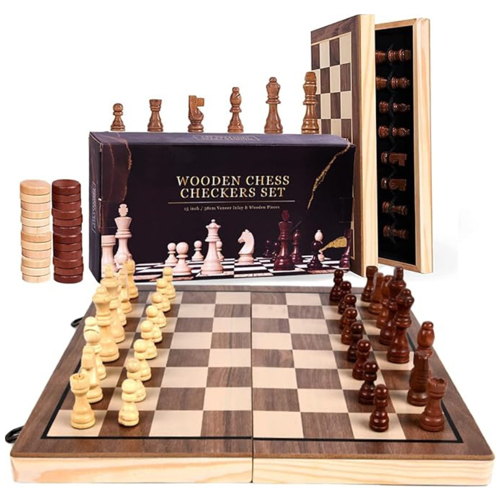 2-in-1 Magnetic Wooden Chess & Checkers Set – 15 Inch