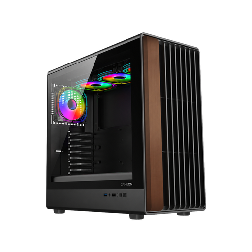 GAMEON TIMBER Midnight Series ARGB + PWM Mid Tower Gaming Case - Wood/Black